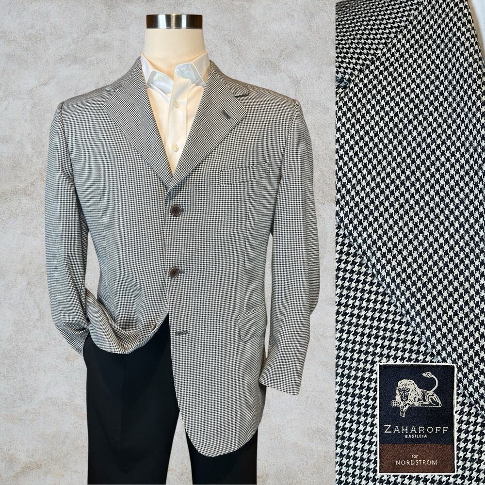 Nordstrom Zaharoff 42-43R Black White Houndstooth Blazer Sport Coat Silk Wool